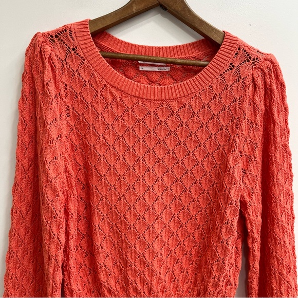 By Anthropologie Flounce-Hem Pointelle Sweater Pleated Sleeves Orange Size XL - Picture 8 of 13